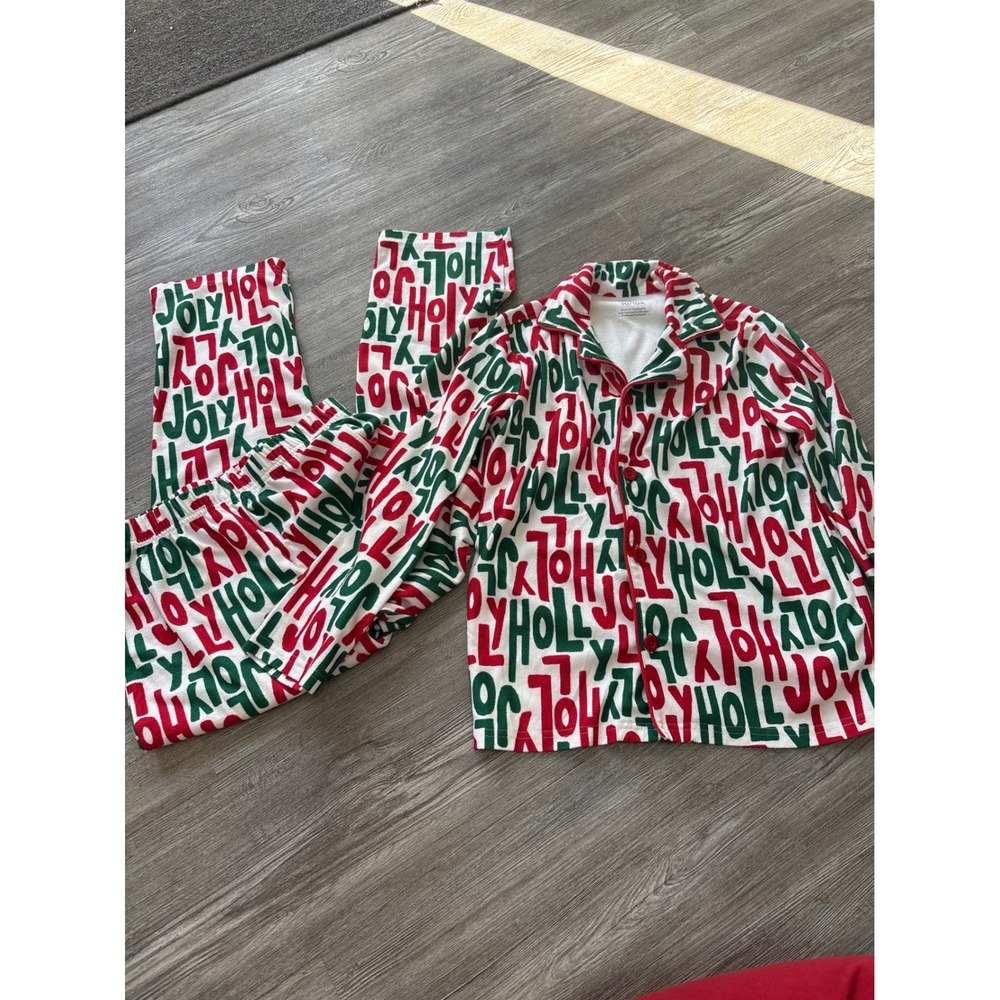 Carters Kids Size 10 Holiday Fleece Pajamas Set Red Green Jolly Holly Joy Print